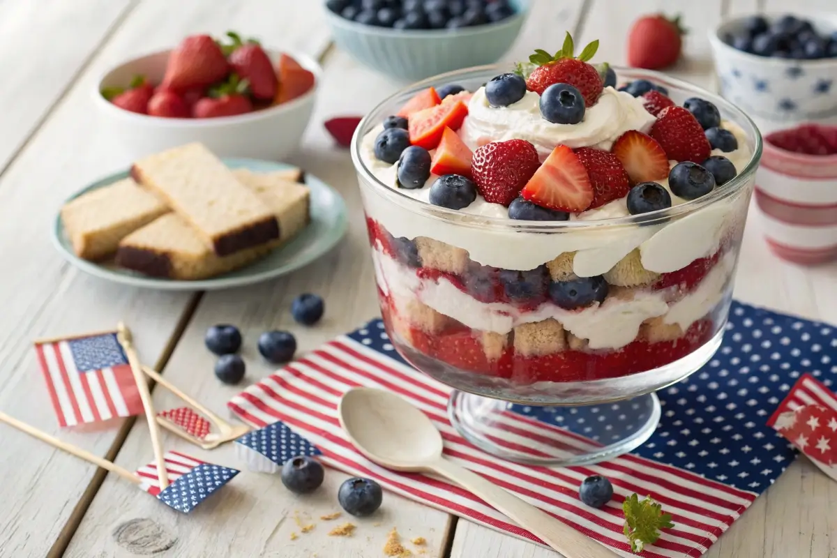 Layered Red, White & Blue Trifle with cream, strawberries, and blueberries in a glass bowl on a festive July 4th table.