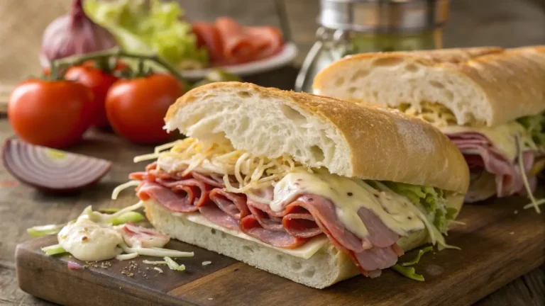 Close-up of a grinder sandwich with meats, cheese, and creamy sauce on a rustic wooden table.