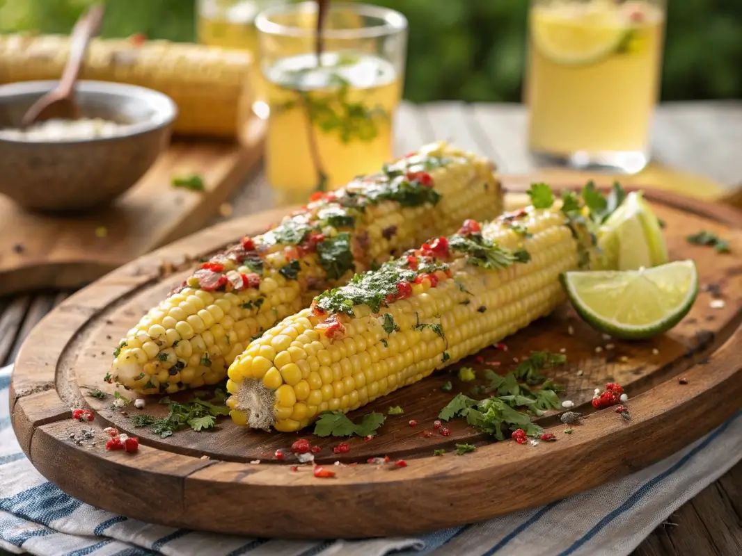 Grilled corn on the cob topped with melted herb butter, fresh herbs, and lemon zest, served on a wooden platter at a summer picnic.