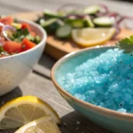 Close-up of Himalayan Blue Salt Trick crystals on a fresh salad with herbs and lemon, showcasing vibrant texture and color.