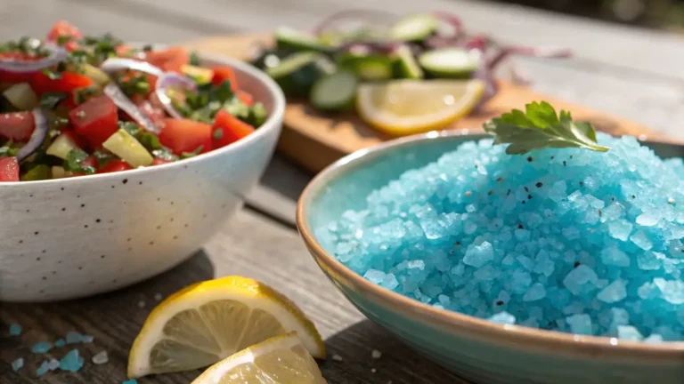 Close-up of Himalayan Blue Salt Trick crystals on a fresh salad with herbs and lemon, showcasing vibrant texture and color.