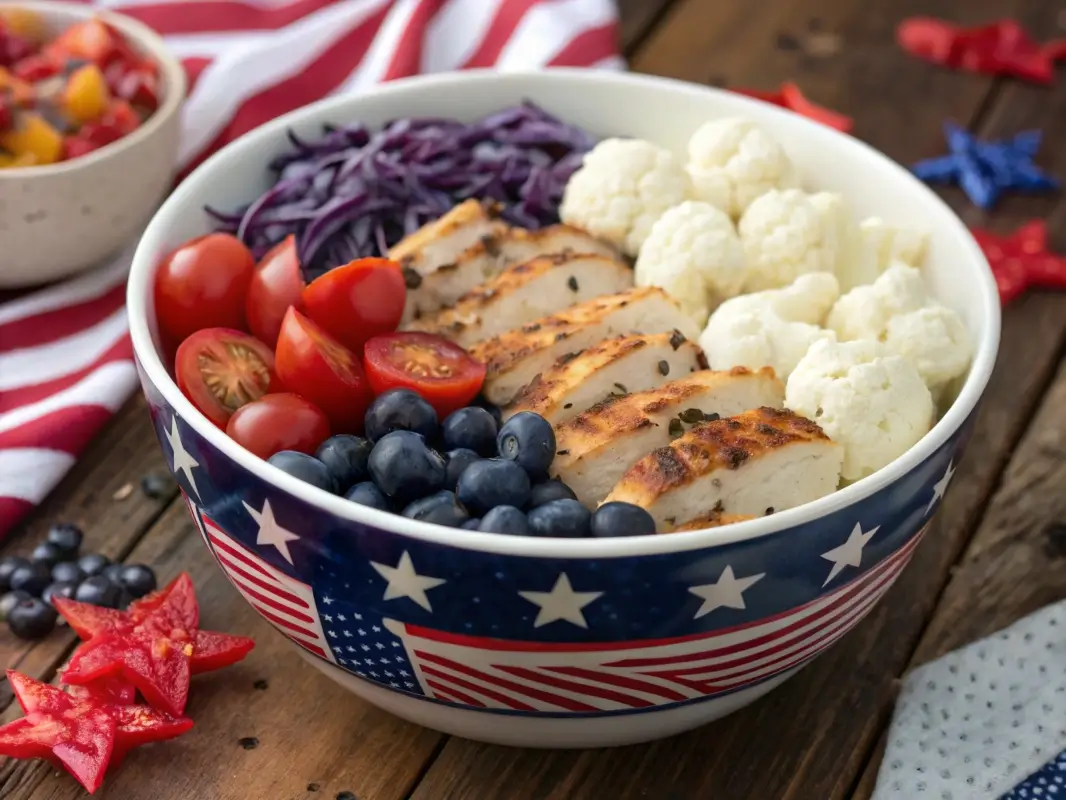 Star-Spangled Rice Bowl with red, white, and blue toppings including tomatoes, cauliflower, blueberries, and mozzarella stars for a patriotic 4th of July meal
