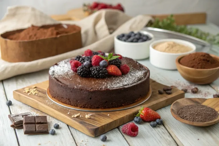 Flourless chocolate cake dusted with cocoa powder and fresh berries on a wooden board.