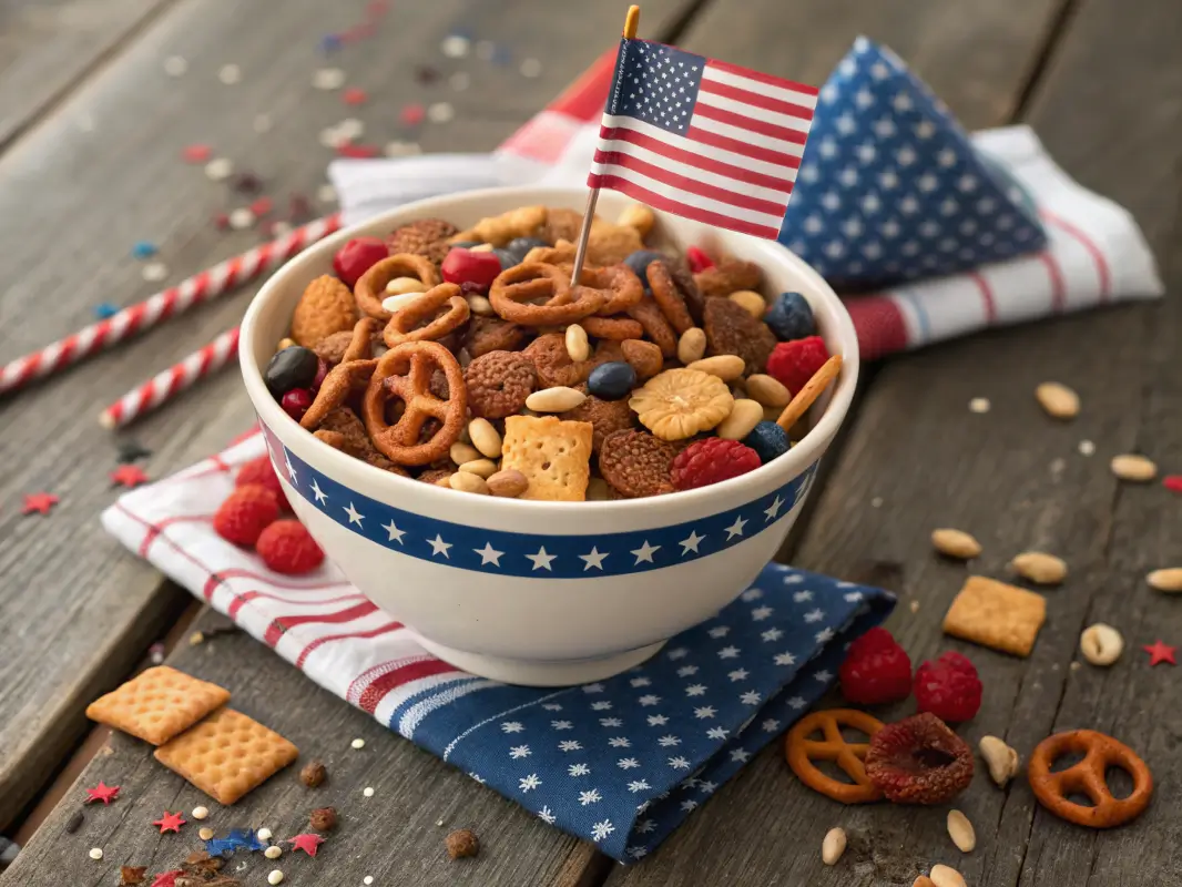 Firecracker Trail Mix with nuts, pretzels, red-white-and-blue candies, and spicy seasoning served in a bowl for a 4th of July party snack