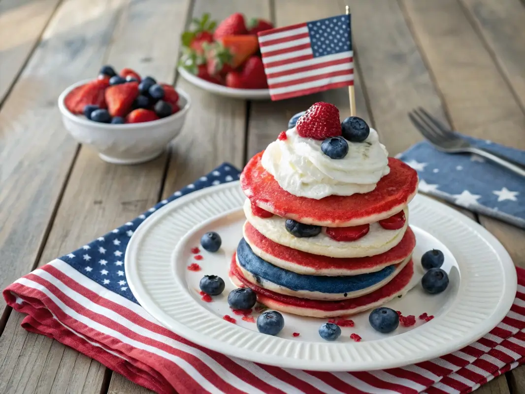 Red white and blue pancakes with whipped cream, strawberries, and blueberries served as a patriotic breakfast for 4th of July