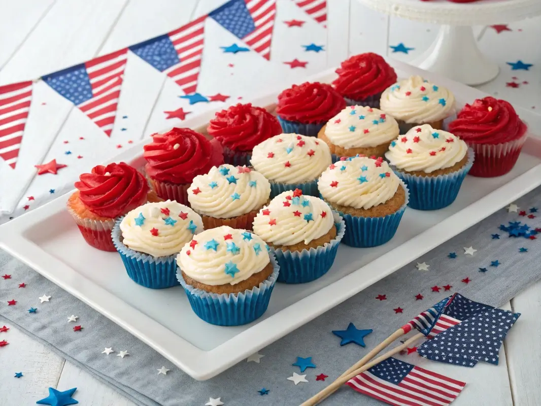 Stars and Stripes cupcake cake with red, white, and blue frosting arranged like the American flag for a patriotic 4th of July dessert