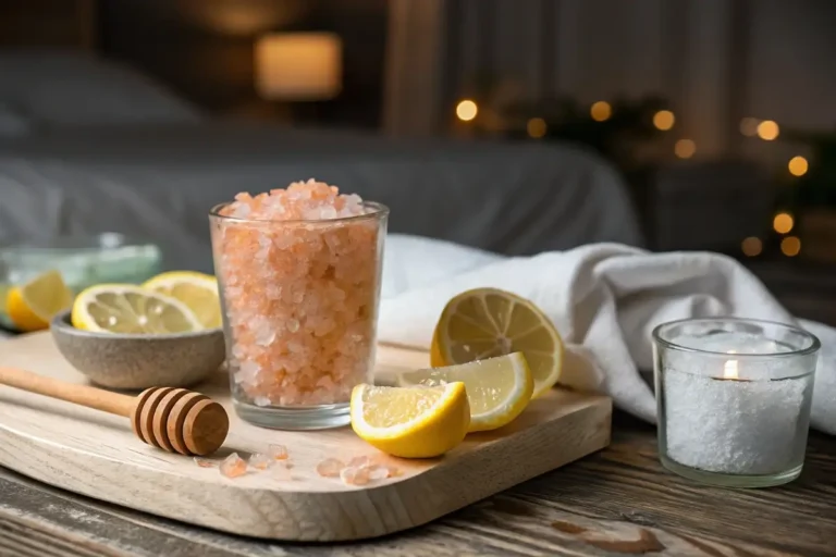 Glass of warm Himalayan saltwater with lemon and honey on a wooden table for the viral salt trick for men in bed