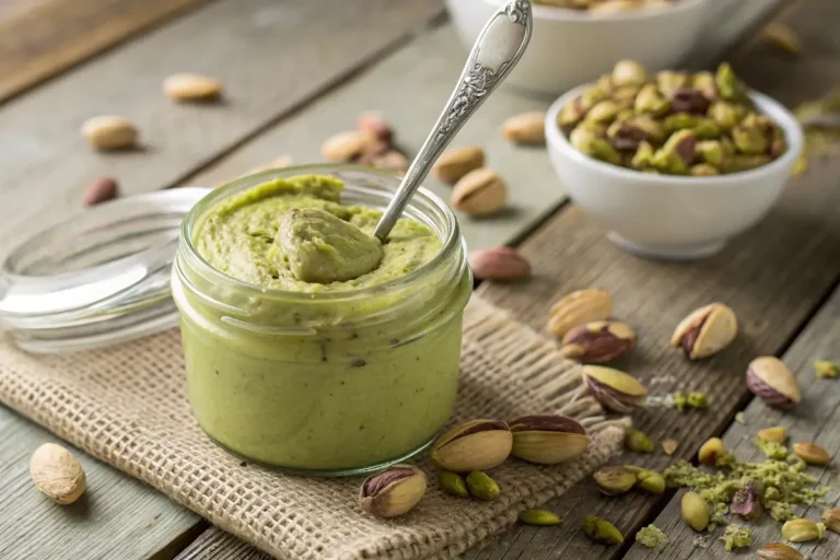 Creamy pistachio butter in a glass jar surrounded by shelled pistachios on a wooden table