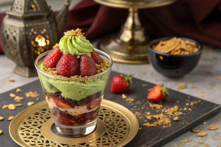 Layered dessert cup with strawberries, pistachio cream, melted Dubai Chocolate Strawberries, and kataifi pastry, topped with edible gold flakes.