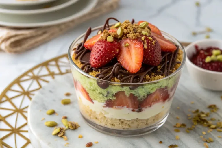 Dubai chocolate strawberry cup with layers of kataifi, pistachio cream, strawberries, and melted chocolate