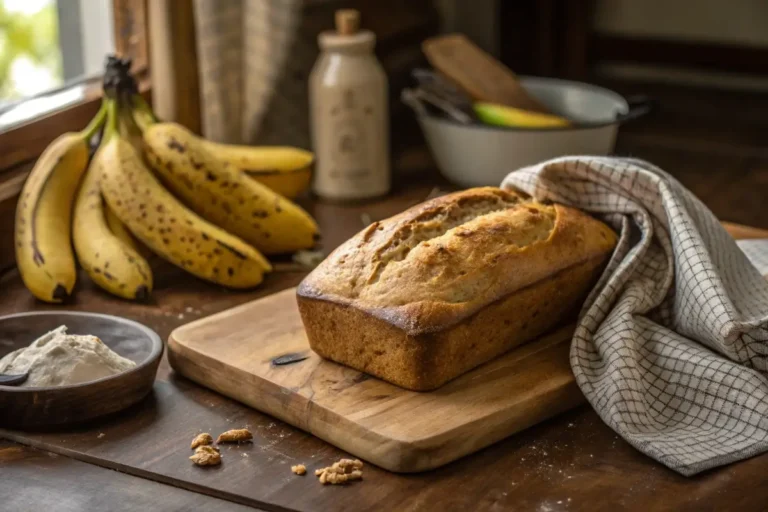Freshly baked zero-waste banana bread loaf with ripe bananas on wooden board