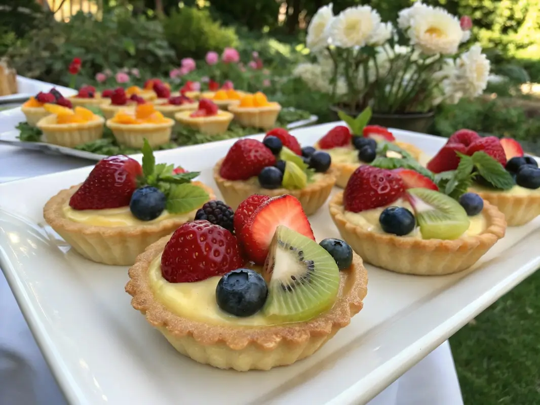 Mini fruit tarts with fresh berries and kiwi on creamy filling in golden crusts, displayed on a serving tray for a spring or summer dessert table