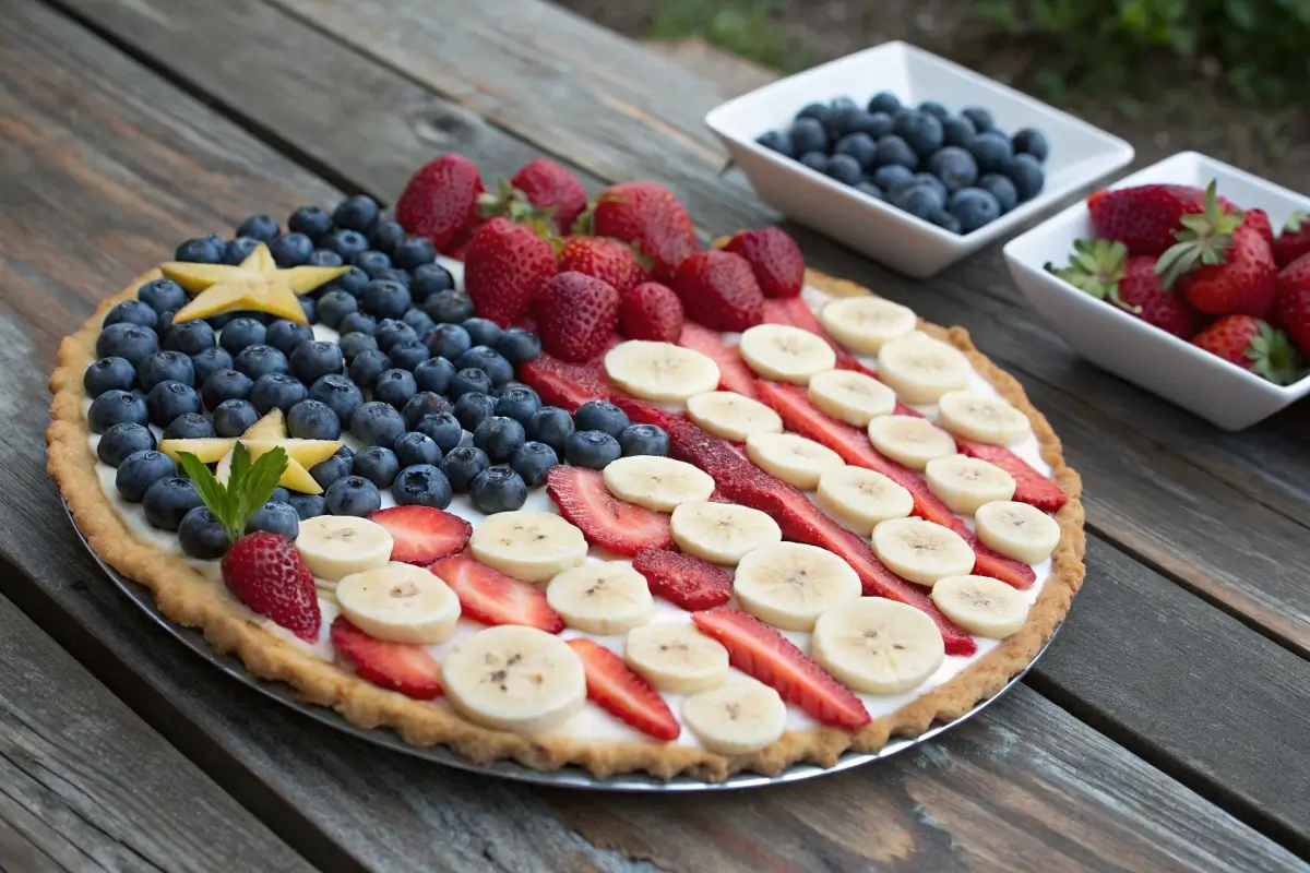 4th of July fruit pizza topped with strawberries, blueberries, and banana slices arranged like the American flag
