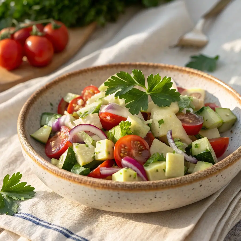 Cucumber Tomato Salad with Creamy Lemon Tahini