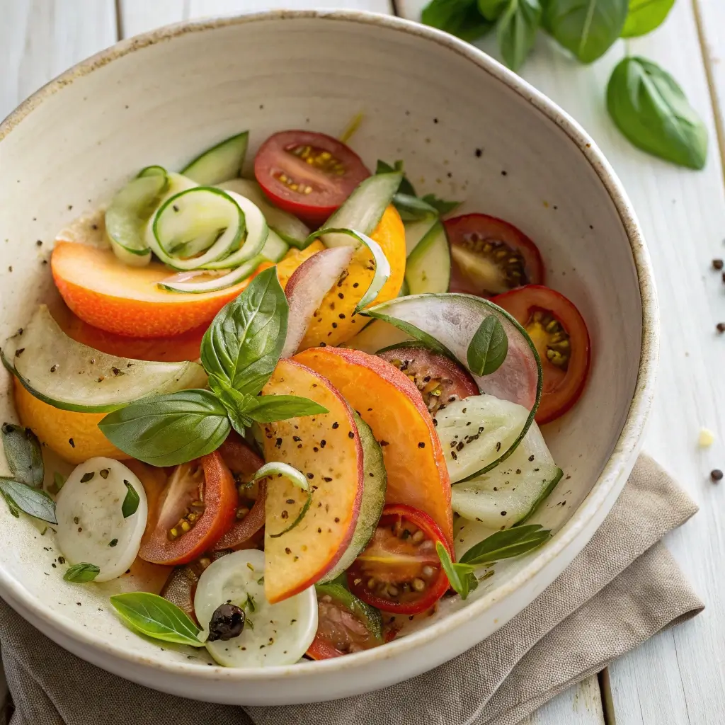 Peachy Tomato Cucumber Ribbon Salad