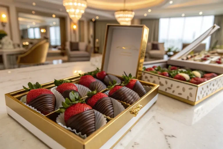 Elegant box of Dubai chocolate-covered strawberries with gold detail and premium presentation
