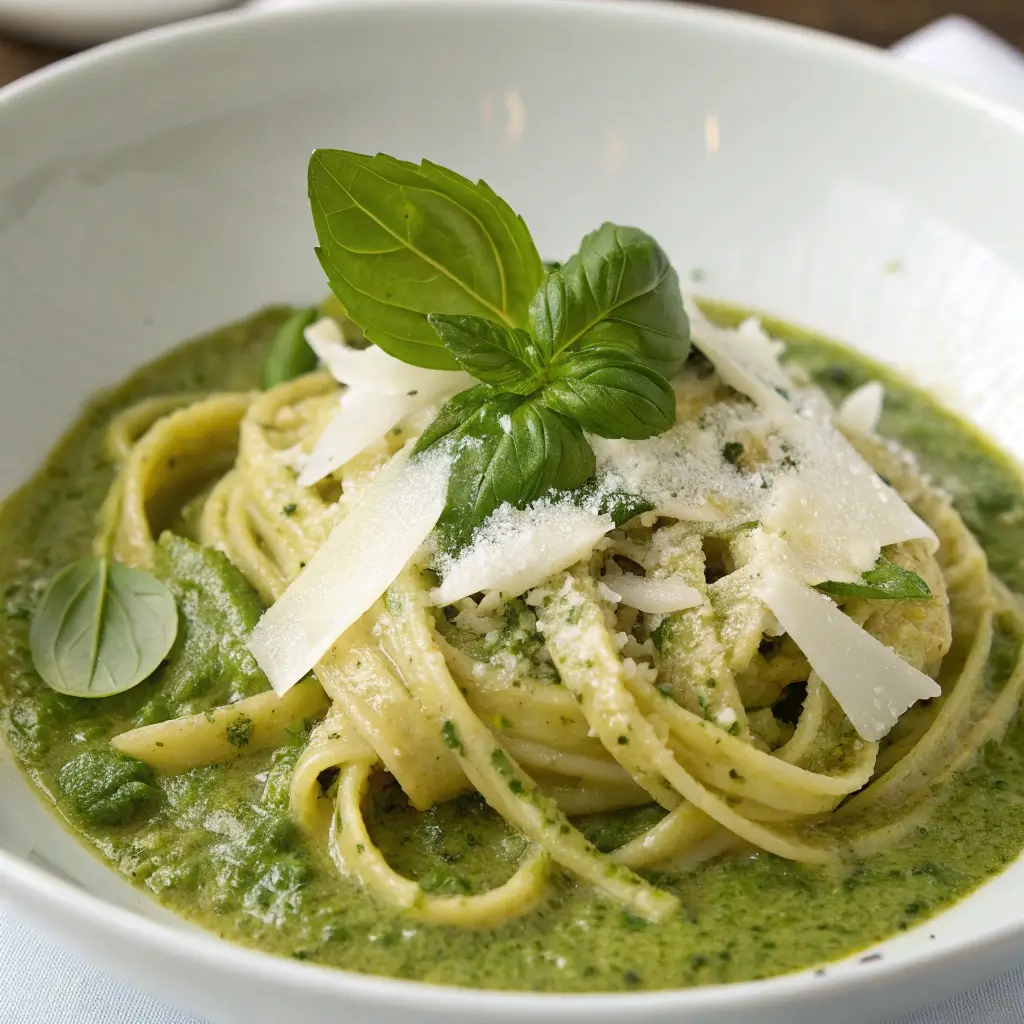 A bowl of creamy pesto pasta garnished with parmesan and fresh basil – simple 5-ingredient dinner.