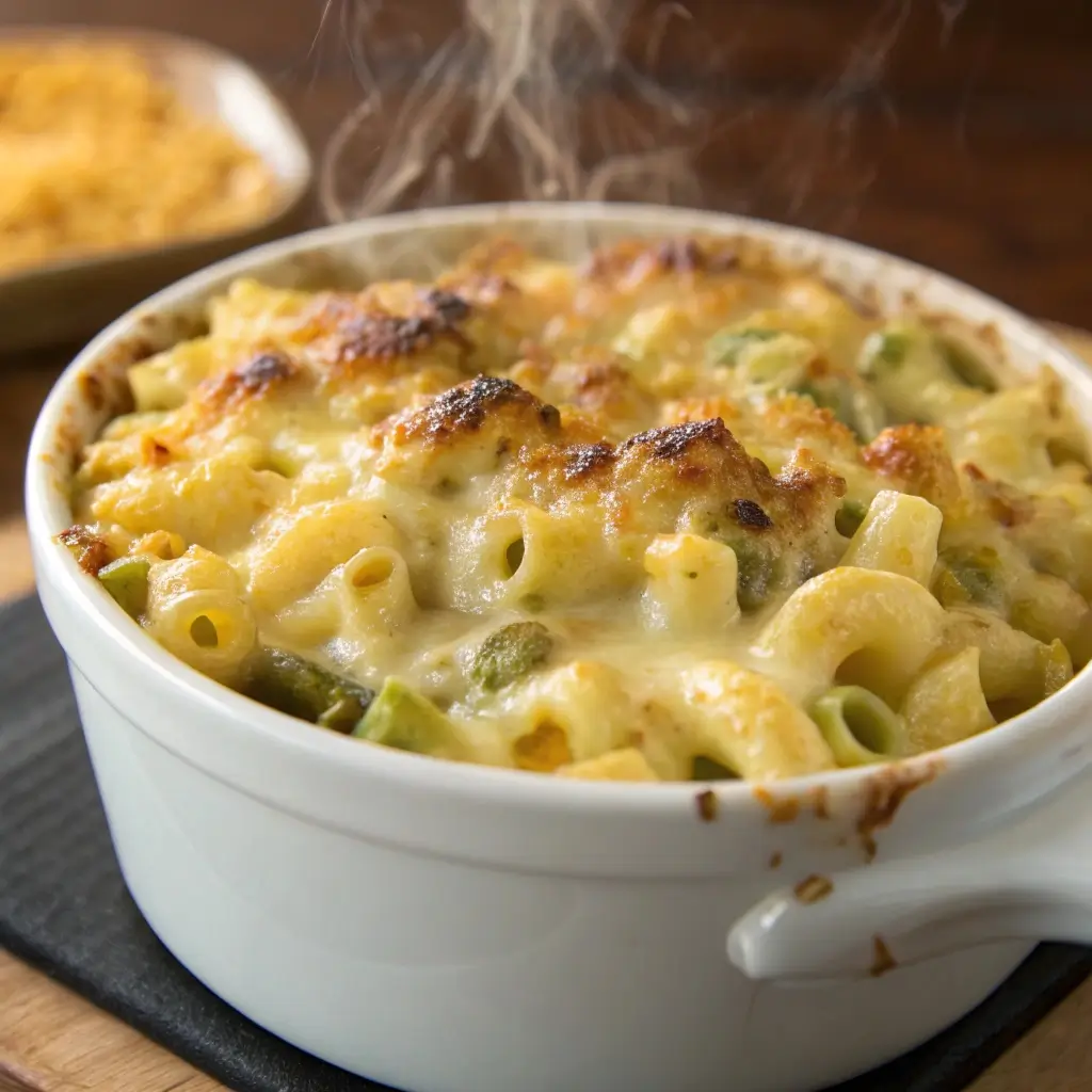 Bowl of Hatch green chili mac and cheese with bubbling cheese and golden crust