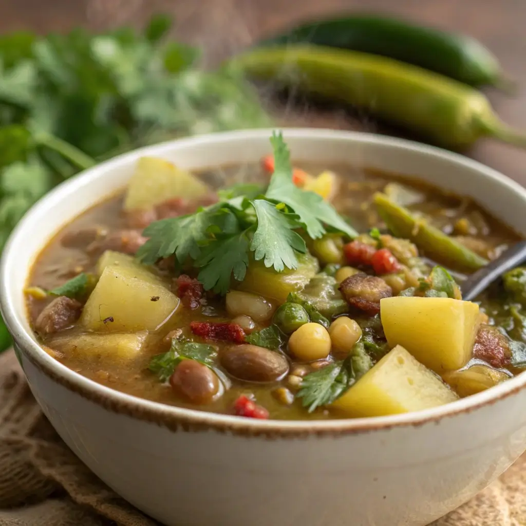 Bowl of vegetarian Hatch green chili stew with beans, potatoes, and cilantro