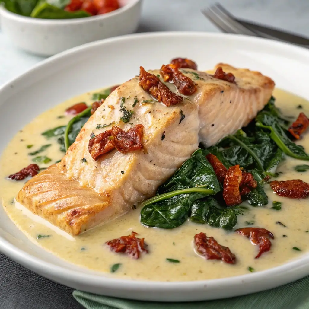 Creamy Tuscan salmon fillet in garlic parmesan sauce with spinach and sun-dried tomatoes on a white plate.