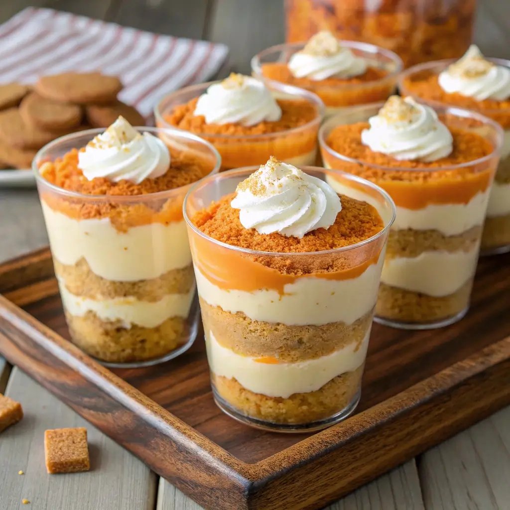 Easy pumpkin fluff trifle layered in dessert cups for fall gatherings.