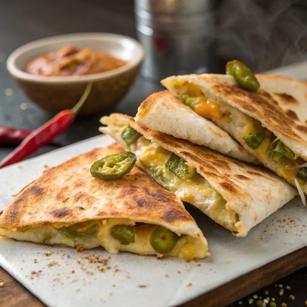 Golden brown quesadillas cut into wedges with melted cheese and Hatch chiles