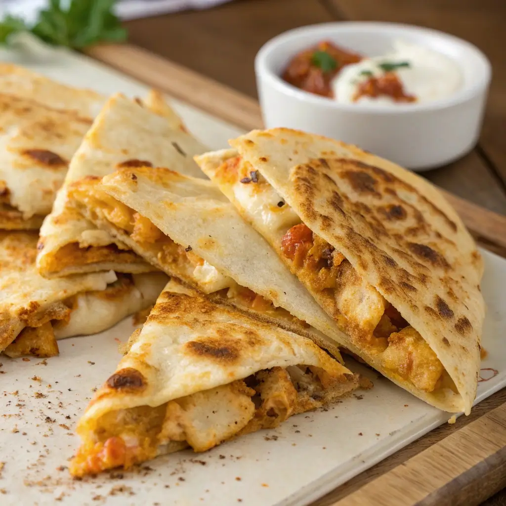 Golden crispy spicy chicken quesadillas filled with gooey cheese and tender chicken slices.