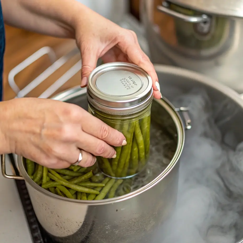 Hands sealing a mason jar of pickled green beans in a water bath canner.