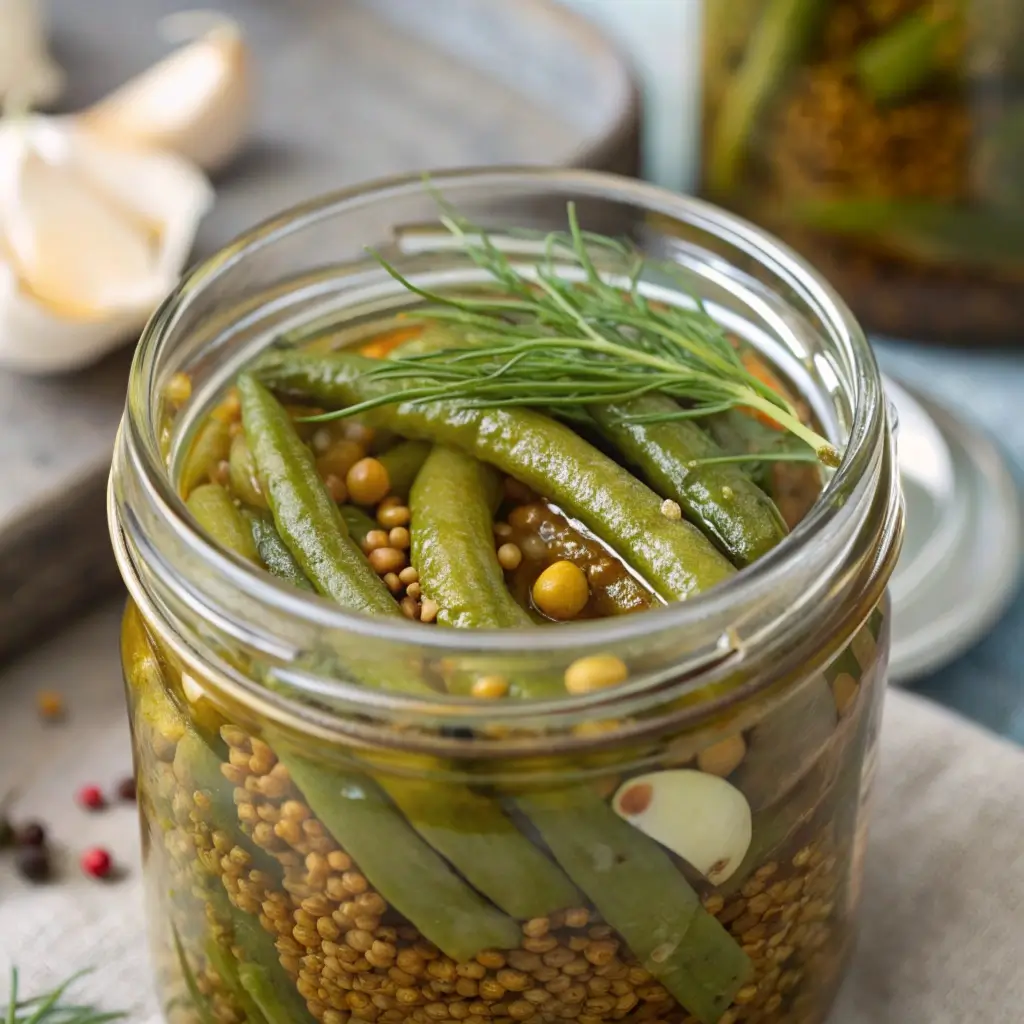 Jar of quick pickled green beans with visible mustard seeds, garlic cloves, and dill sprigs.