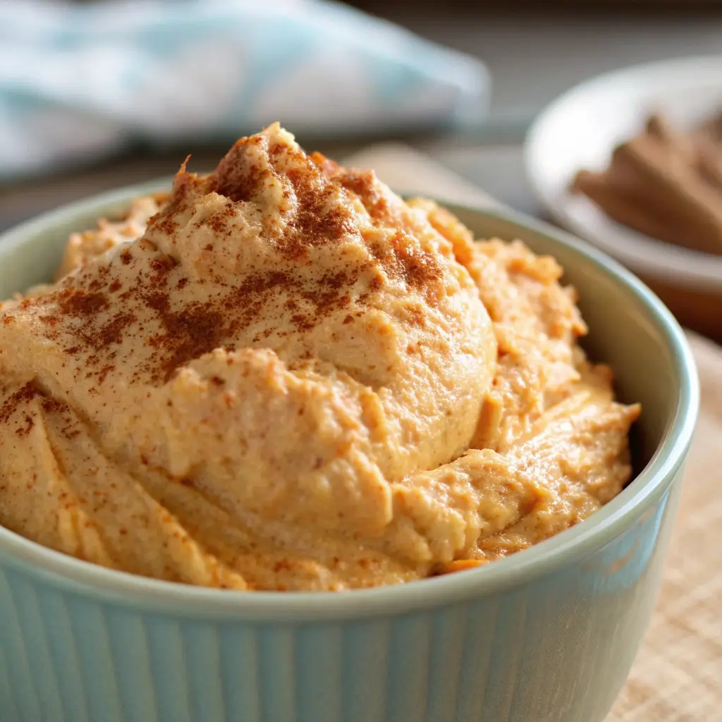Low-sugar healthy pumpkin fluff in a bowl topped with cinnamon.