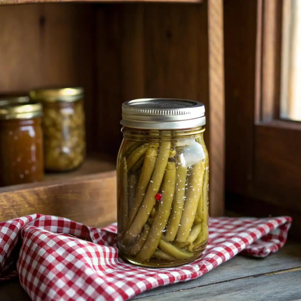 Old-fashioned canning jar filled with Amish pickled dilly beans on a wooden shelf with a gingham towel.