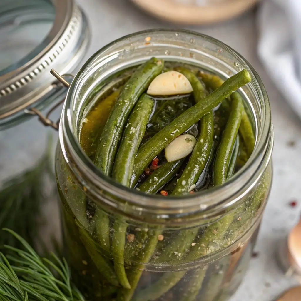 Overhead shot of green beans submerged in garlic dill brine inside a vintage canning jar.
