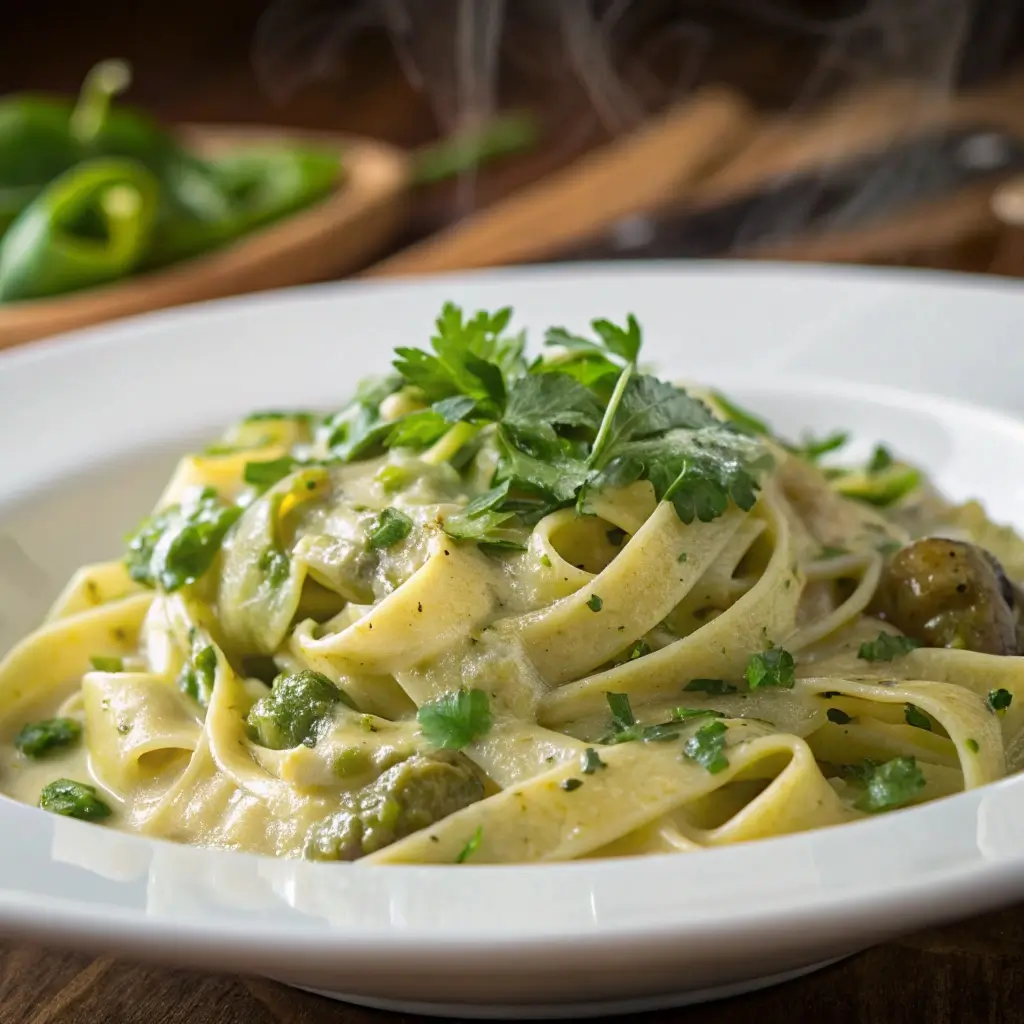 Plate of Hatch green chile pasta with creamy sauce and fresh herbs