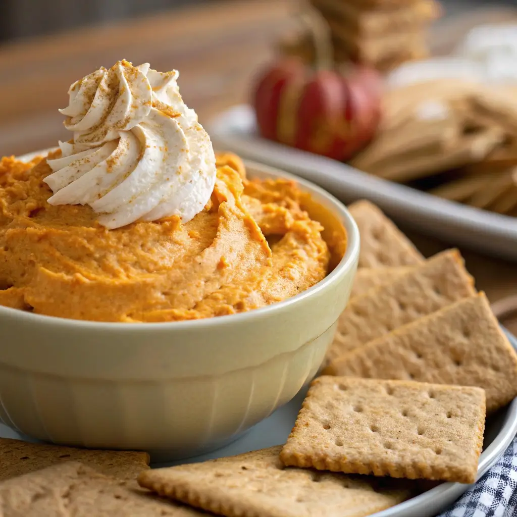 Pumpkin fluff dip served with graham crackers for dipping.