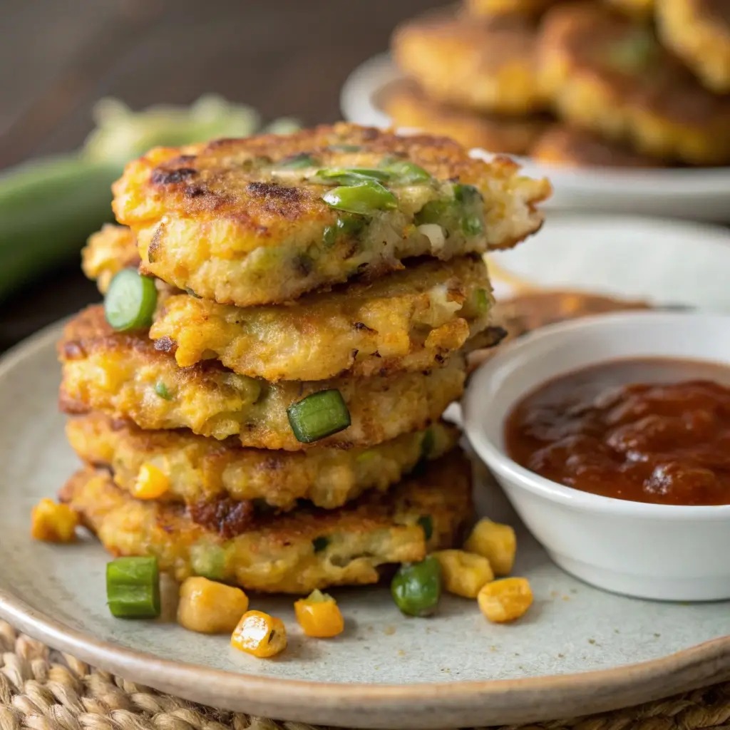 Stack of crispy Hatch green chile corn fritters on a plate with dipping sauce