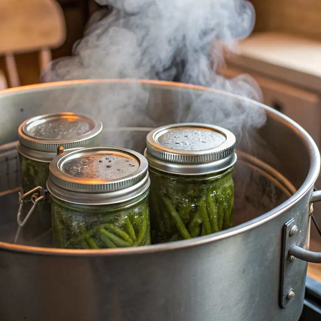 Steam rising as hot mason jars of dilly beans are placed in a water bath canner for sealing.