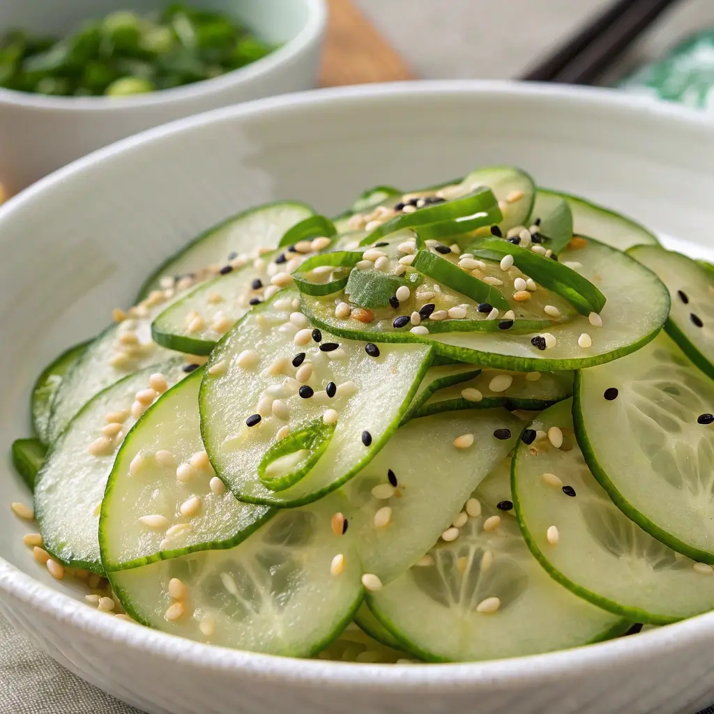 Thinly sliced cucumber salad in sesame‑garlic dressing with sesame seeds and scallions.