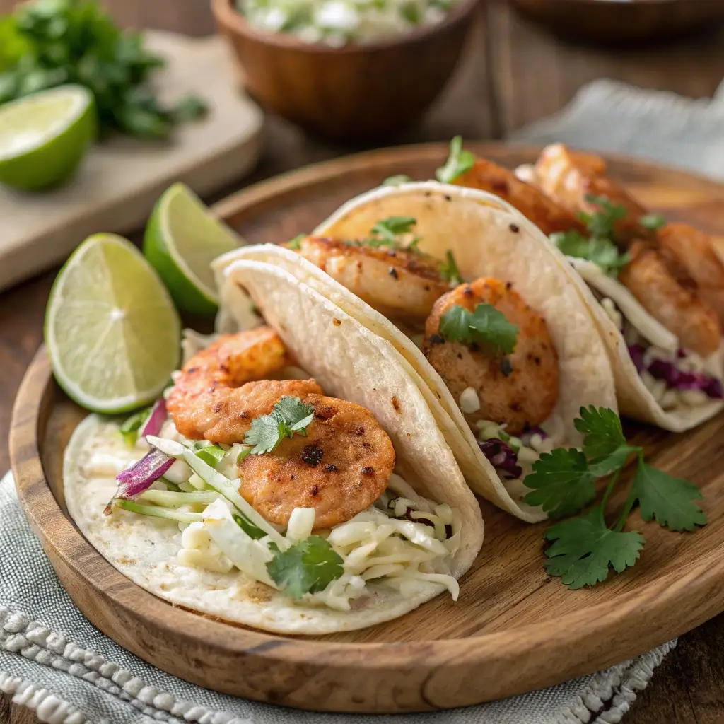 Tortilla shrimp tacos with creamy slaw and fresh herbs served on a rustic plate.