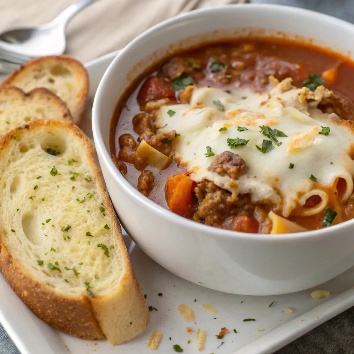 Cheesy Lasagna Soup with Garlic Bread on the Side