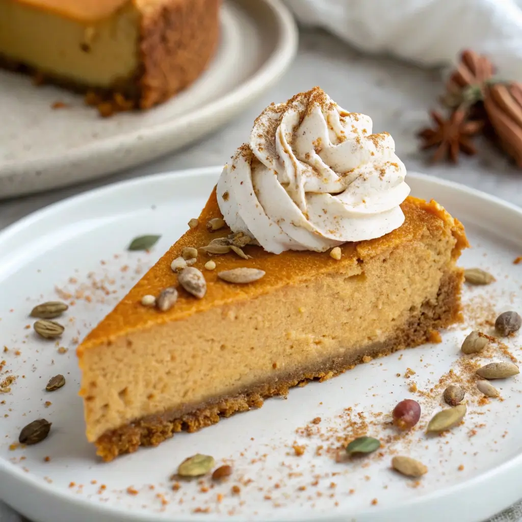A slice of low-carb pumpkin cheesecake topped with whipped cream, ideal for Thanksgiving.