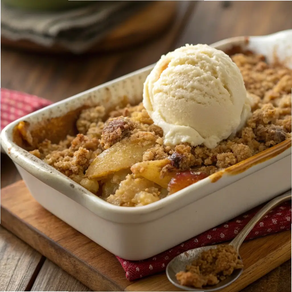Golden apple crisp in a baking dish with a scoop of vanilla ice cream.