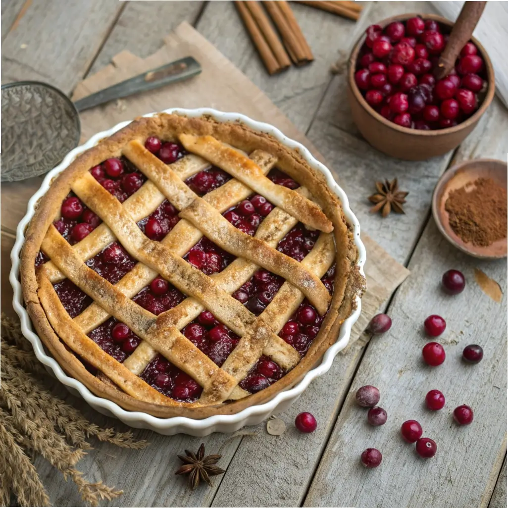 Homemade cranberry pie with lattice crust on a rustic table.