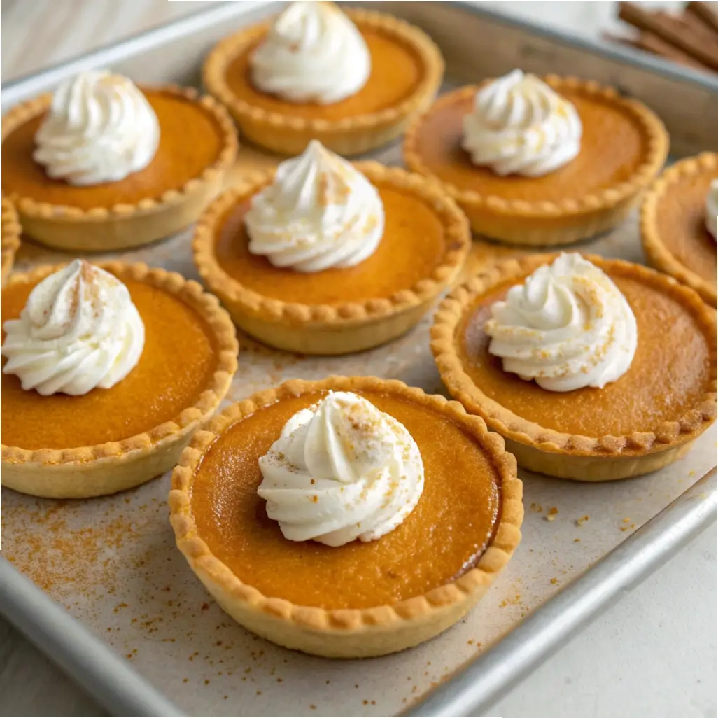Mini pumpkin pies with whipped cream on top, arranged on a tray.