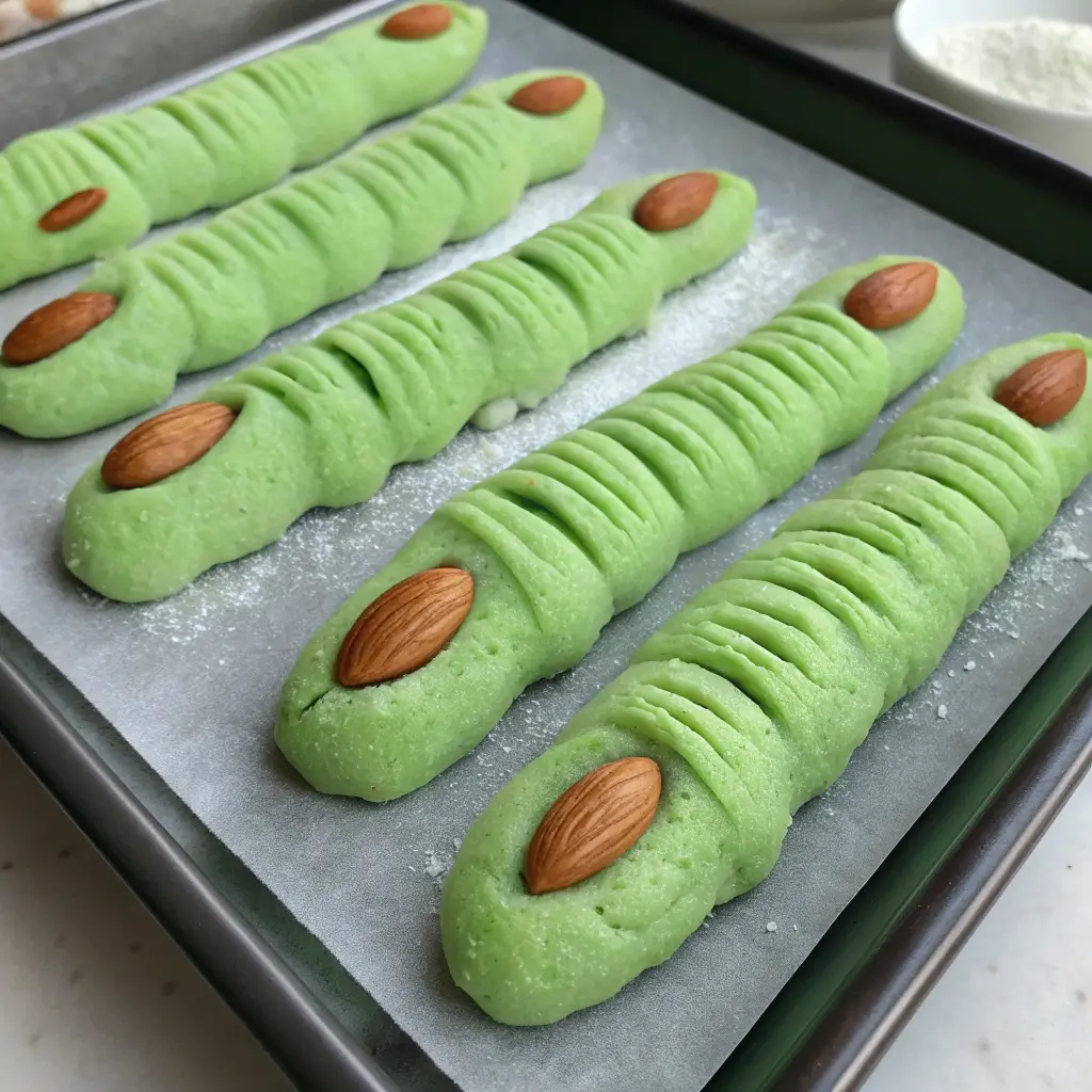 Witch’s fingers cookies with almond nails and green dough for Halloween treats.