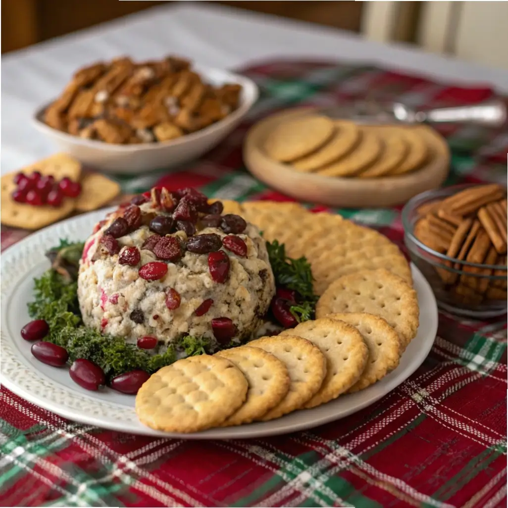 A festive cranberry pecan cheese ball surrounded by crackers on a holiday-themed table.