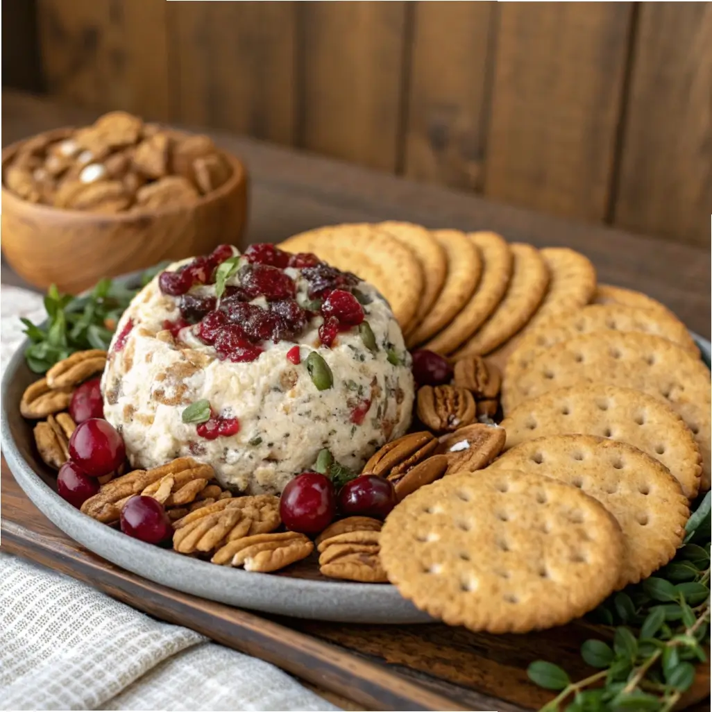 A gluten-free cranberry pecan cheese ball on a platter with gluten-free crackers and nuts.