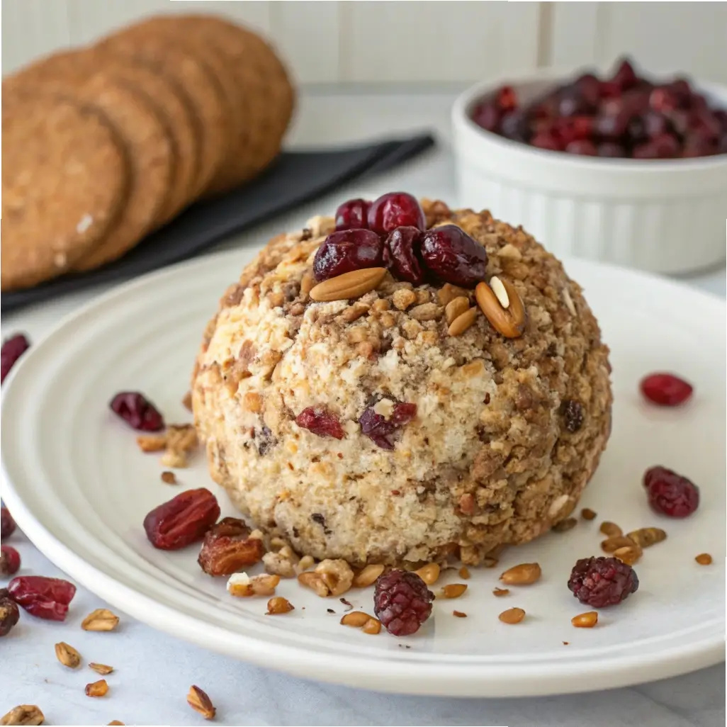 A vegan cranberry pecan cheese ball made with dairy-free cream cheese and rolled in chopped nuts and cranberries.