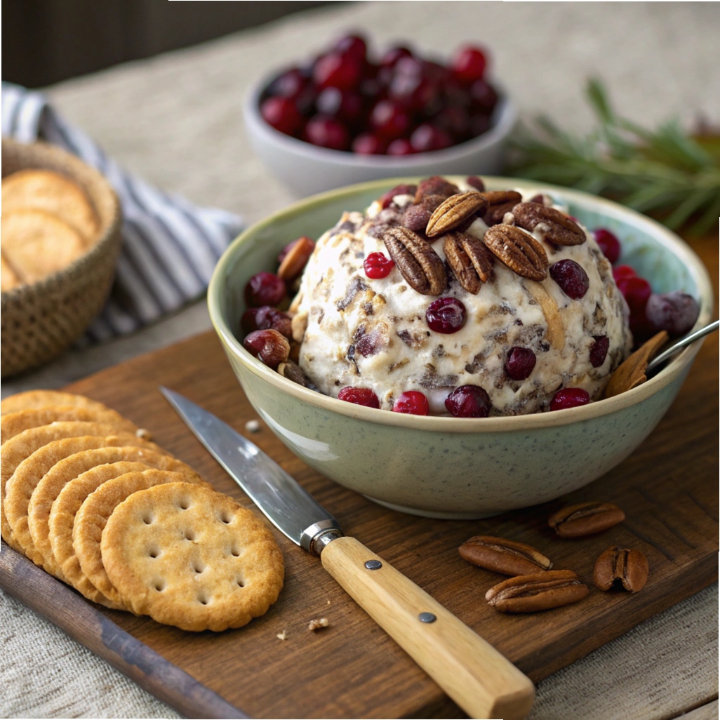 Cranberry pecan cheese ball spread in a bowl with a cheese knife and holiday crackers