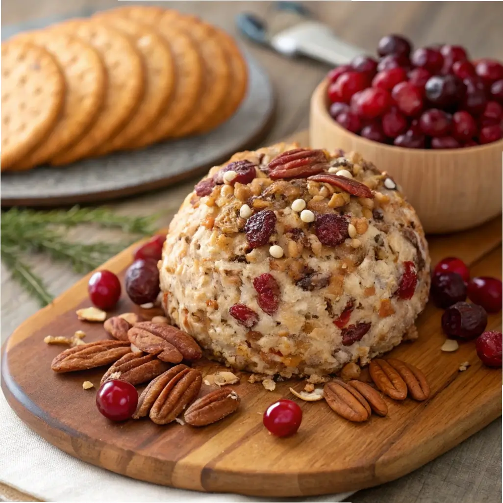 Make-ahead cranberry pecan cheese ball rolled in chopped pecans and cranberries on a serving board.
