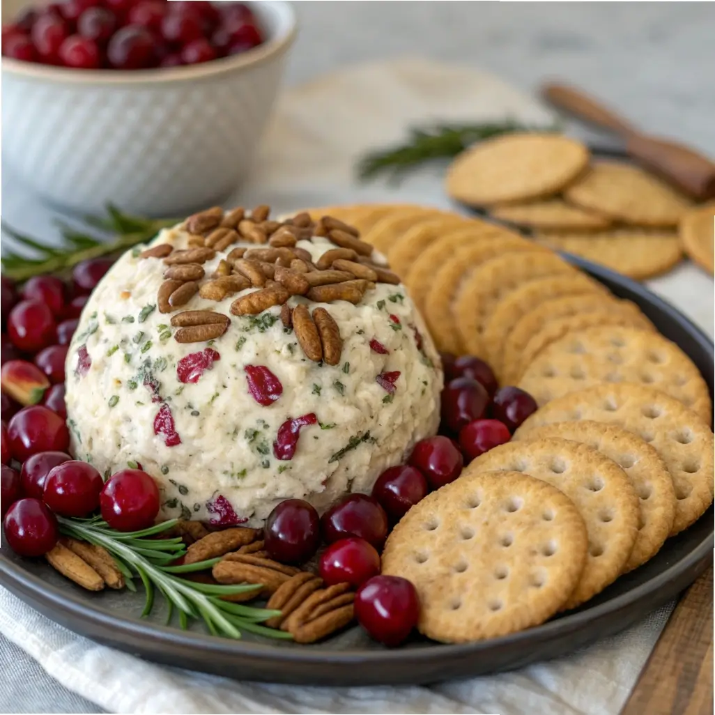 White cheddar cranberry pecan cheese ball on a platter surrounded by crackers and fresh cranberries